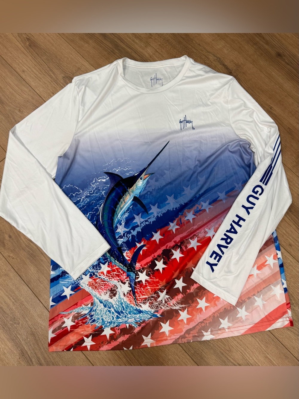 Guy Harvey White, Blue & Red Marlin Graphic Long-Sleeve Rash Guard